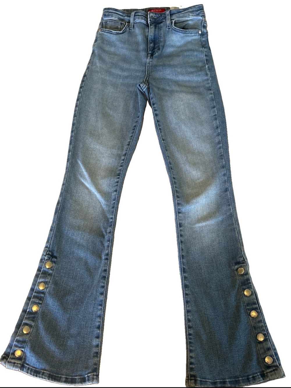 GUESS Beatrix High Rise Bootcut Jeans Light Wash Snap Button Hem Size 26 ECU